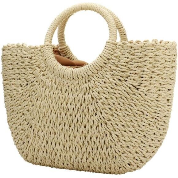Handbags - Women Summer Beach Bag, Straw Handbag Beige